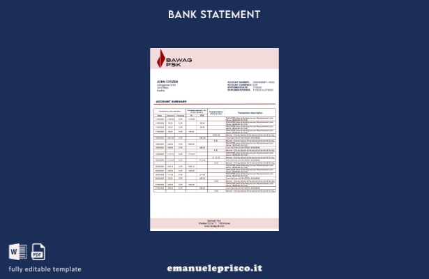 modello word di estratto conto bancario BAWAG PSK in stile verificato Austria